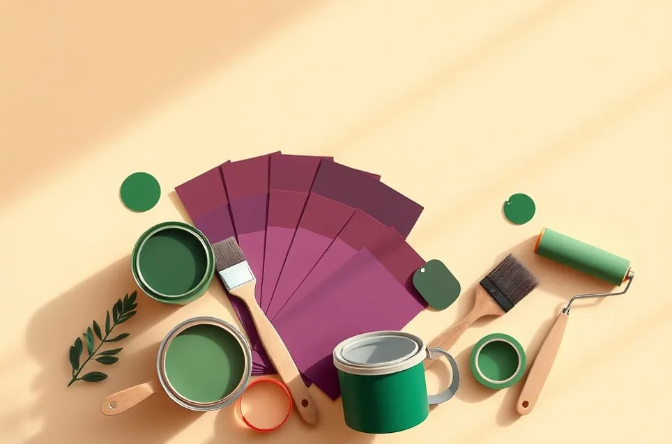 Pots de peinture, nuancier, brosses et rouleaux disposés à plat