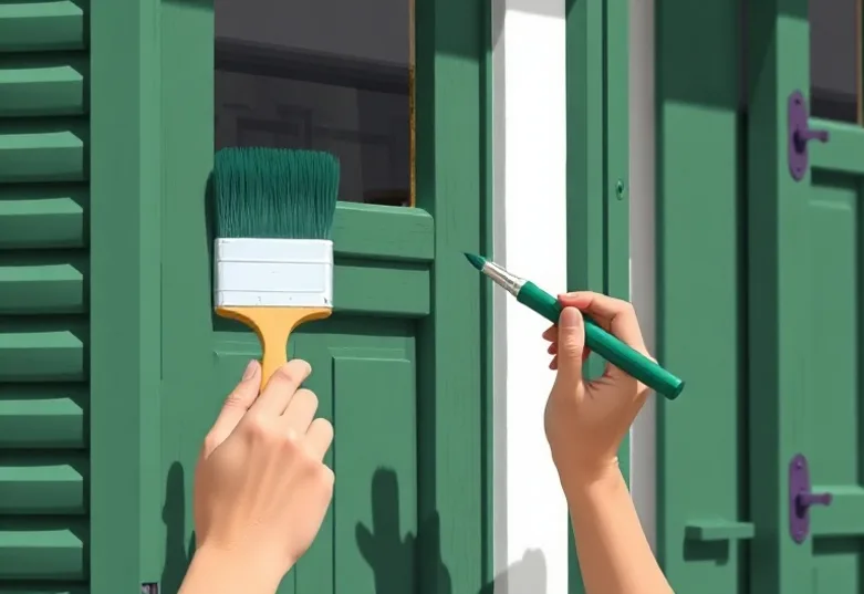Mise en peinture au pinceau de volets et d'encadrements en bois
