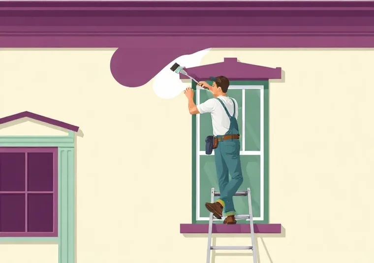 Peintre sur échafaudage traitant la façade d'une maison