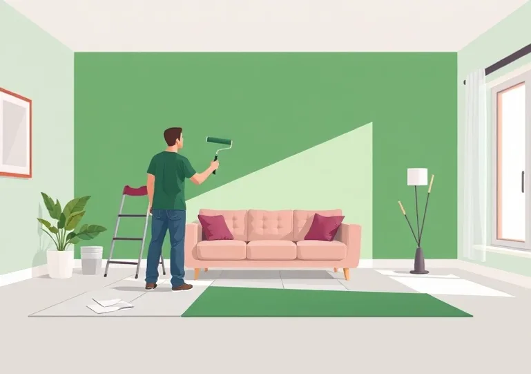 Peintre appliquant la peinture au rouleau sur un mur de salon